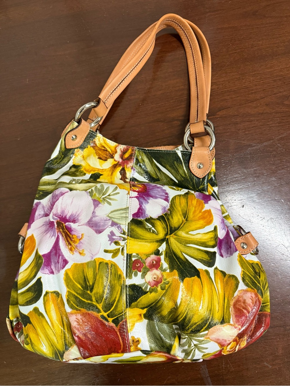 Maurizio Taiuti Floral Canvas Shoulder Bag in Yellow, Green, Purple, Tan